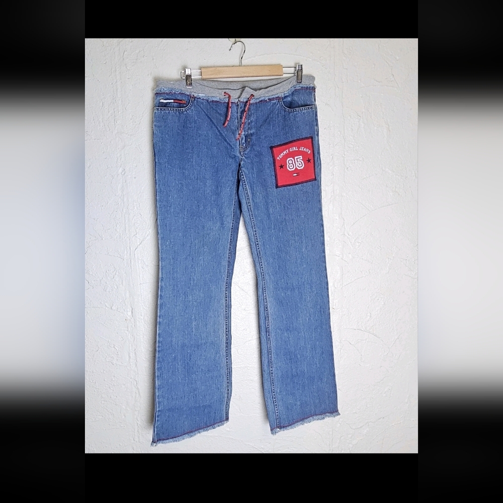 Vtg Tommy Hilfiger Girl Jeans #85 Patch Logo Sweatpant Waist Raw Hem Sz 11 Rare!